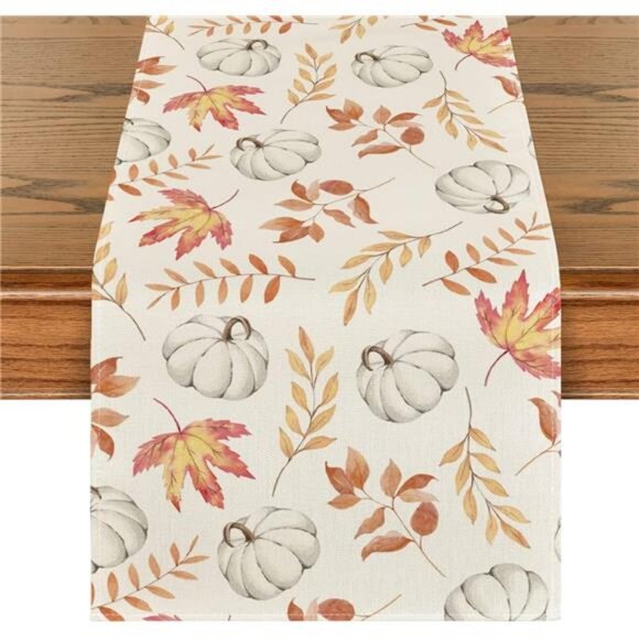 Orange Pumpkins Fall Maple Leaves Fall Table Runner, Seasonal - Picture 1 of 7